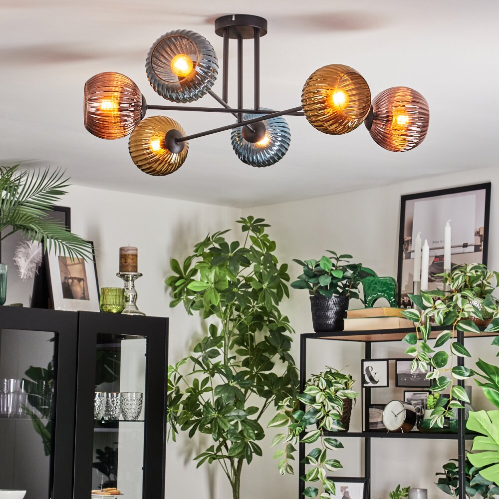 Koyoto Plafondlamp, Kogellampje 80 cm Blauw, Goud, Koperkleurig, 6-lichts