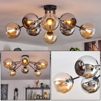 Koyoto Plafondlamp, Kogellampje 86 cm Amber, Chroom, Rookkleurig, 8-lichts