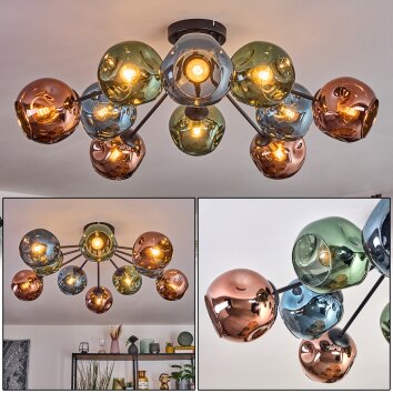 Ripoll Plafondlamp, Kogellampje Blauw, Groen, Koperkleurig, 10-lichts