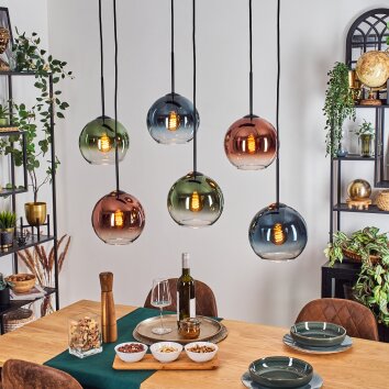 Koyoto Hanglamp, Kogellampje, Hanglamp Blauw, Groen, Duidelijk, Koperkleurig, 6-lichts
