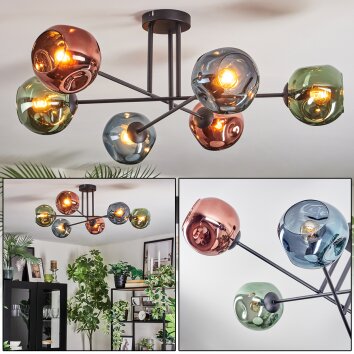 Ripoll Plafondlamp, Kogellampje Blauw, Groen, Koperkleurig, 6-lichts