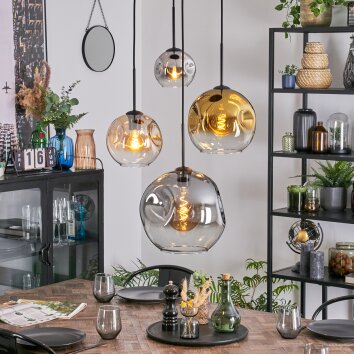 Ripoll Hanglamp, Kogellampje, Cluster hanglamp Amber, Chroom, Goud, Duidelijk, Rookkleurig, 4-lichts