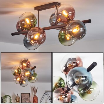 Gastor Plafondlamp, Kogellampje Blauw, Groen, Duidelijk, Koperkleurig, 8-lichts