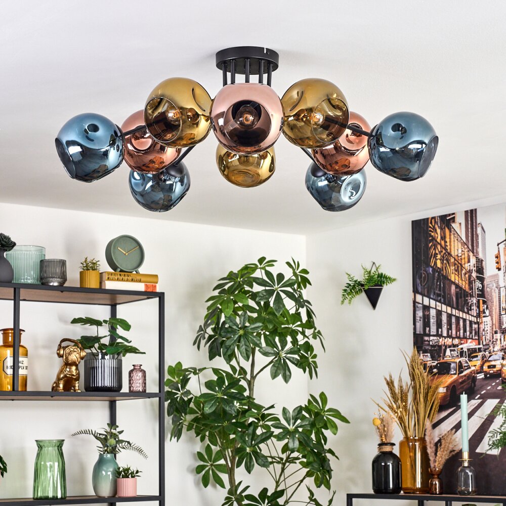 Ripoll Plafondlamp, Kogellampje Blauw, Goud, Koperkleurig, 10-lichts