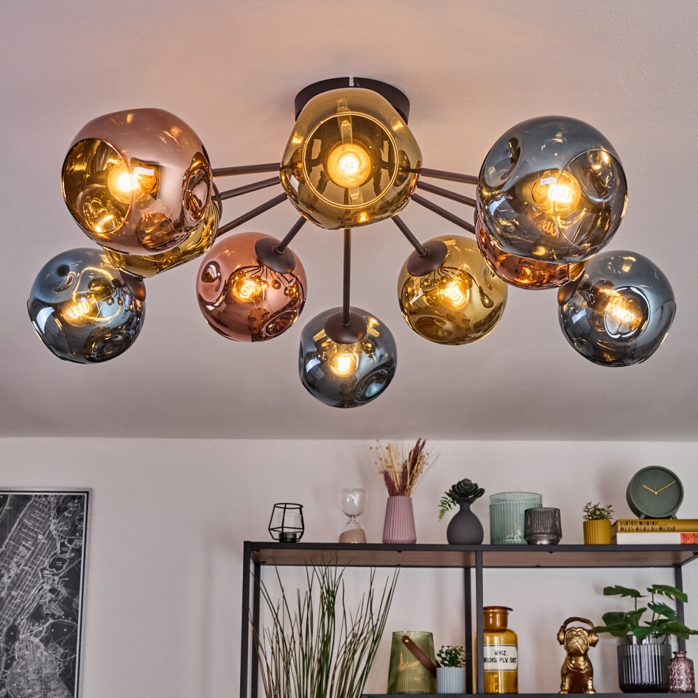 Ripoll Plafondlamp, Kogellampje Blauw, Goud, Koperkleurig, 10-lichts