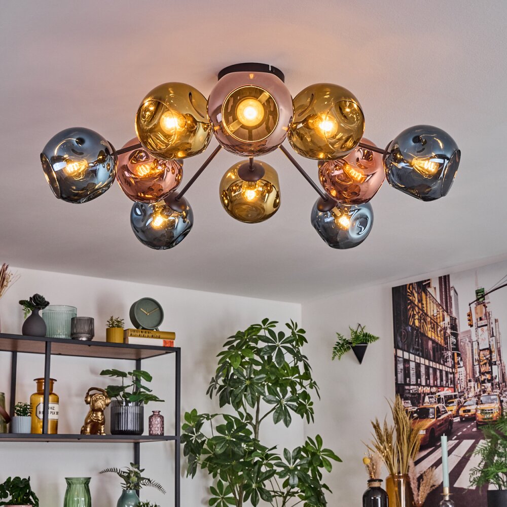 Ripoll Plafondlamp, Kogellampje Blauw, Goud, Koperkleurig, 10-lichts