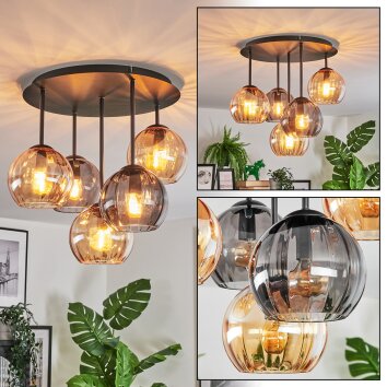 Koyoto Plafondlamp, Kogellampje 33 cm Amber, Rookkleurig, 5-lichts