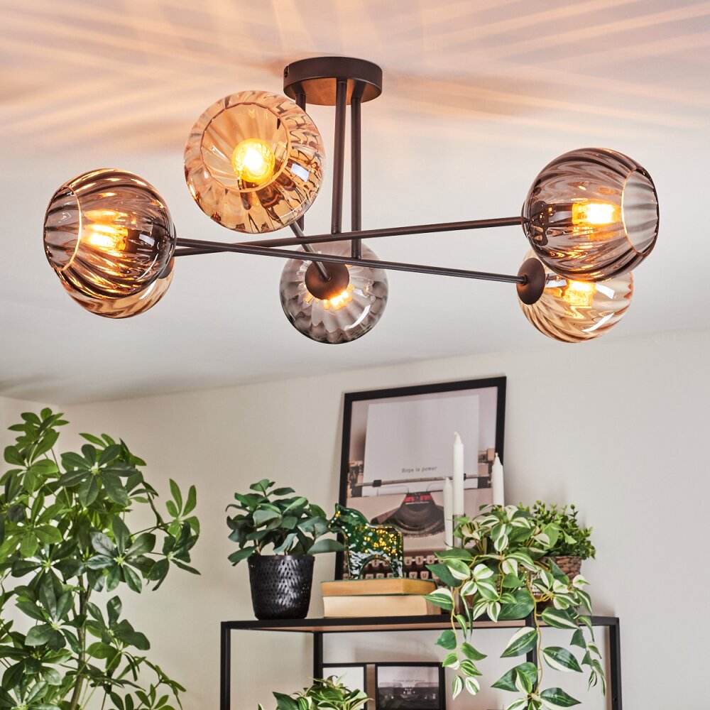 Koyoto Plafondlamp, Kogellampje 78 cm Amber, Rookkleurig, 6-lichts