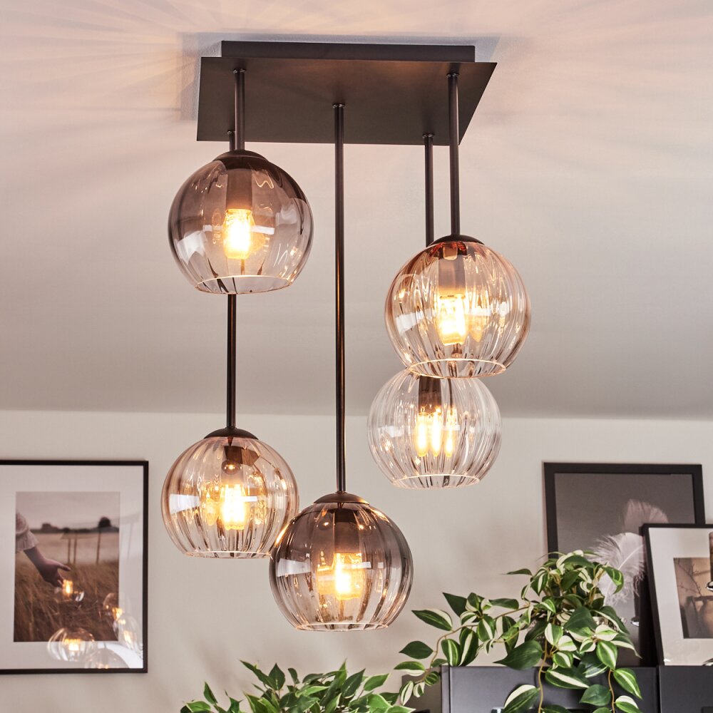 Koyoto Plafondlamp, Kogellampje Amber, Duidelijk, Rookkleurig, 5-lichts