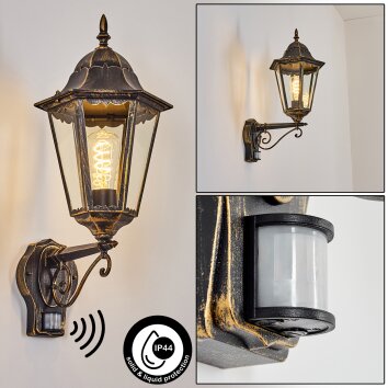 Hongkong Wandlamp voor buiten, Wandlamp Bruin, Goud, 1-licht, Bewegingsmelder