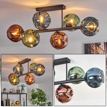 Ripoll Plafondlamp, Kogellampje Blauw, Groen, Koperkleurig, 6-lichts