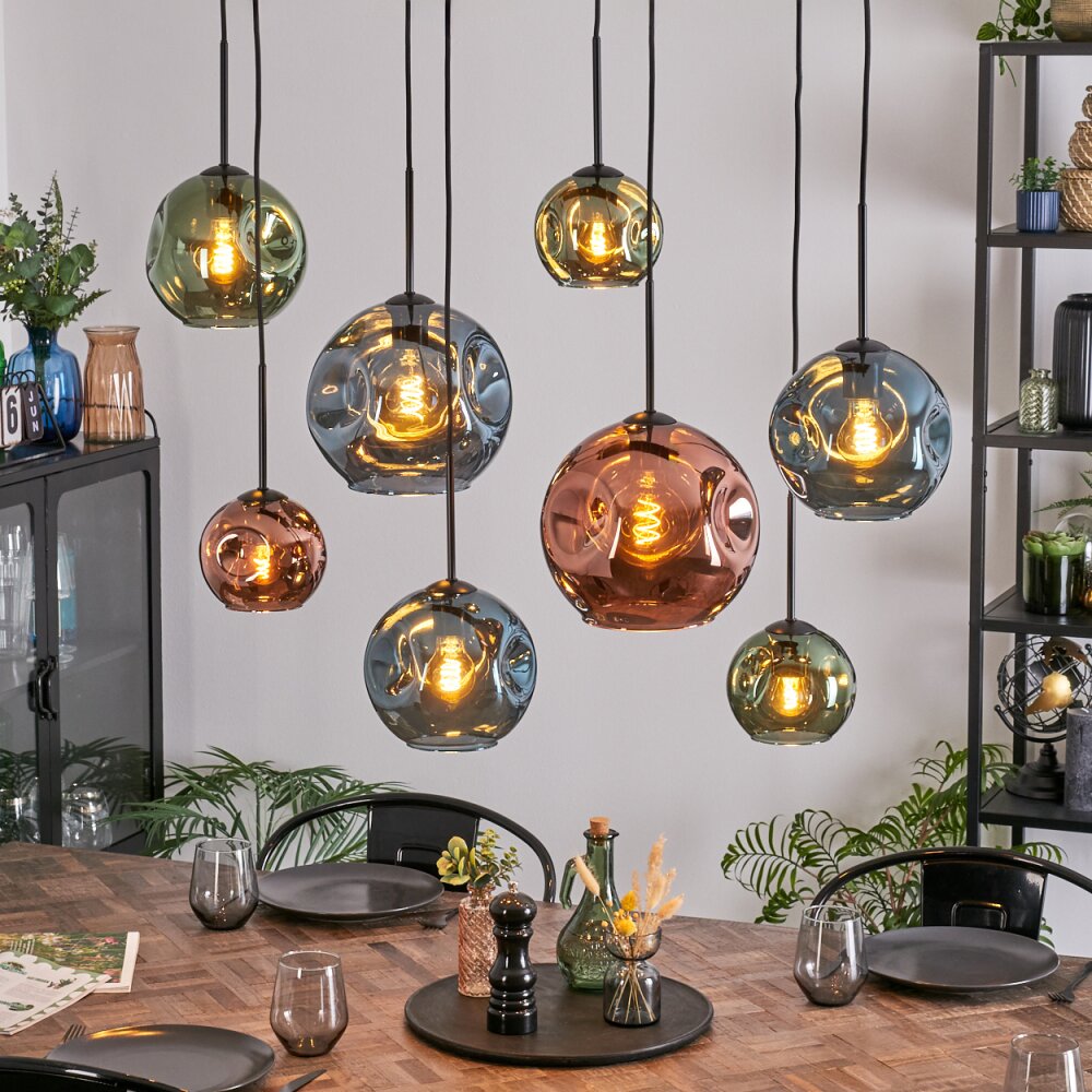 Ripoll Hanglamp, Kogellampje, Hanglamp Blauw, Groen, Koperkleurig, 8-lichts main product photo