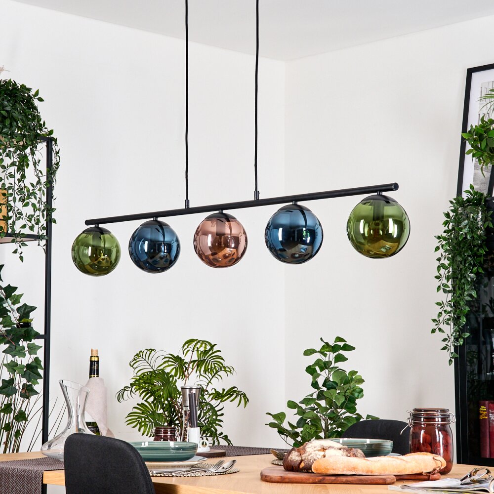 Gastor Hanglamp, Kogellampje, Hanglamp Blauw, Groen, Koperkleurig, 5-lichts