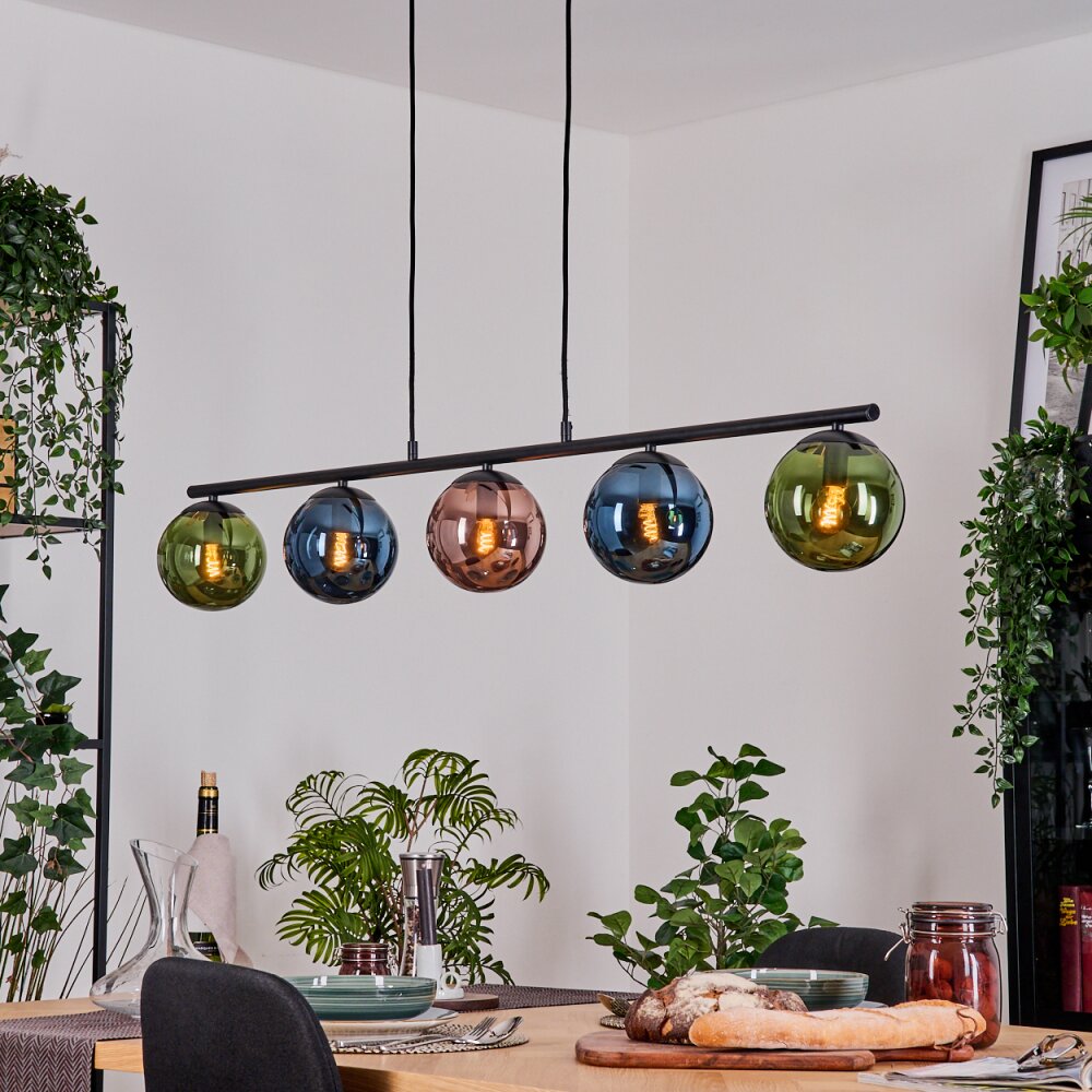 Gastor Hanglamp, Kogellampje, Hanglamp Blauw, Groen, Koperkleurig, 5-lichts