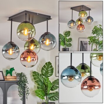 Gastor Plafondlamp, Kogellampje Blauw, Groen, Duidelijk, Koperkleurig, 5-lichts