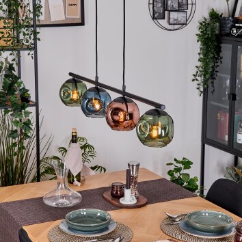 Ripoll Hanglamp, Kogellampje, Hanglamp Blauw, Groen, Koperkleurig, 4-lichts