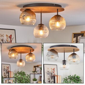 Ripoll Plafondlamp, Kogellampje Bruin, houtlook, Zwart, 3-lichts