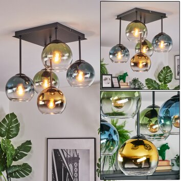 Koyoto Plafondlamp, Kogellampje Blauw, Goud, Groen, Duidelijk, 5-lichts Koyoto Plafondlamp, Kogellampje Blauw, Goud, Groen, Duidelijk, 5-lichts