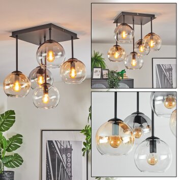 Koyoto Plafondlamp, Kogellampje Amber, Chroom, Duidelijk, Rookkleurig, 5-lichts
