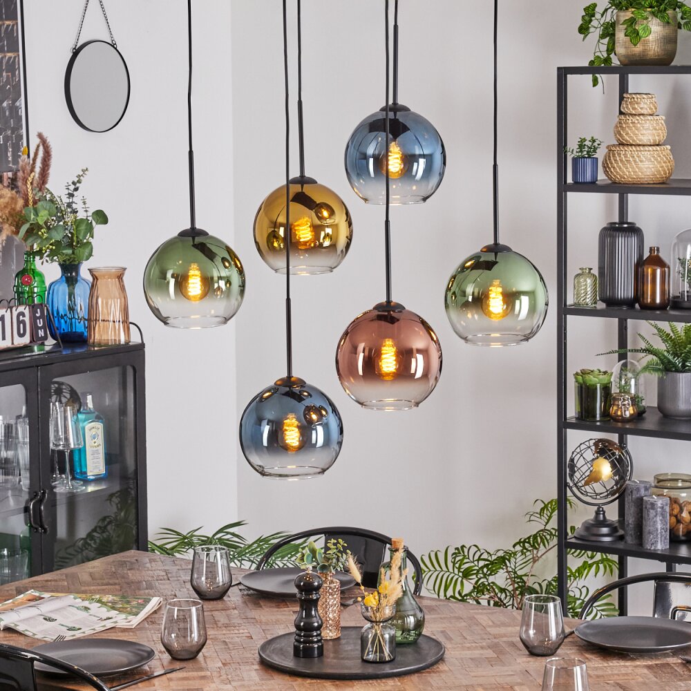 Koyoto Hanglamp, Kogellampje, Hanglamp Blauw, Goud, Groen, Duidelijk, Koperkleurig, 6-lichts main product photo