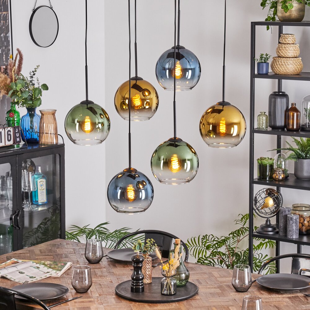Koyoto Hanglamp, Kogellampje, Hanglamp Blauw, Goud, Groen, Duidelijk, 6-lichts main product photo