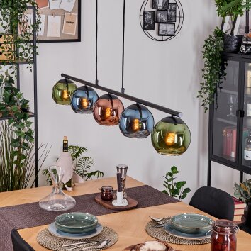 Koyoto Hanglamp, Kogellampje, Hanglamp Blauw, Groen, Koperkleurig, 5-lichts