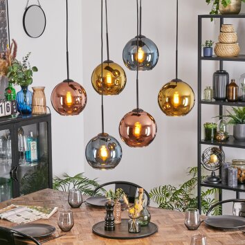 Koyoto Hanglamp, Kogellampje, Hanglamp Blauw, Goud, Koperkleurig, 6-lichts Koyoto Hanglamp, Kogellampje, Hanglamp Blauw, Goud, Koperkleurig, 6-lichts