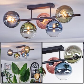 Chehalis Plafondlamp, Kogellampje Blauw, Groen, Duidelijk, Koperkleurig, 5-lichts