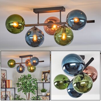 Gastor Plafondlamp, Kogellampje Blauw, Groen, Koperkleurig, 5-lichts
