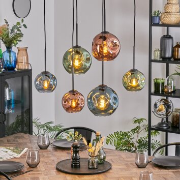 Ripoll Hanglamp, Kogellampje, Hanglamp Blauw, Groen, Koperkleurig, 6-lichts