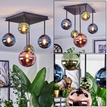Chehalis Plafondlamp, Kogellampje Blauw, Groen, Koperkleurig, 5-lichts