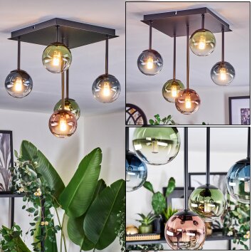 Chehalis Plafondlamp, Kogellampje Blauw, Groen, Duidelijk, Koperkleurig, 5-lichts