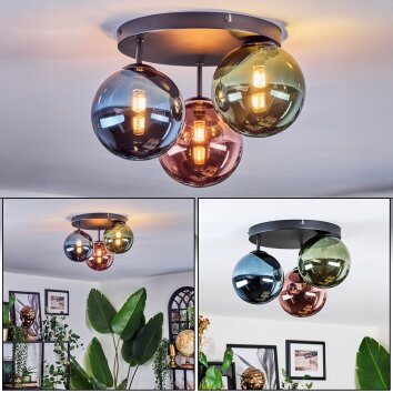 Chehalis Plafondlamp, Kogellampje 34 cm Blauw, Groen, Koperkleurig, 3-lichts Chehalis Plafondlamp, Kogellampje 34 cm Blauw, Groen, Koperkleurig, 3-lichts