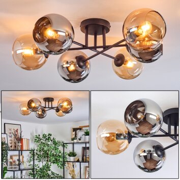 Koyoto Plafondlamp, Kogellampje 59 cm Amber, Chroom, Rookkleurig, 6-lichts