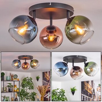 Koyoto Plafondlamp, Kogellampje Blauw, Groen, Koperkleurig, 3-lichts