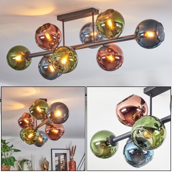 Koyoto Plafondlamp, Kogellampje Blauw, Groen, Koperkleurig, 8-lichts