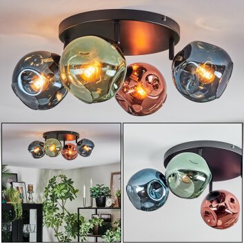 Ripoll Plafondlamp, Kogellampje Blauw, Groen, Koperkleurig, 4-lichts