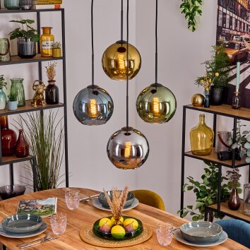 Koyoto Hanglamp, Kogellampje, Hanglamp Blauw, Chroom, Goud, Groen, Rookkleurig, 4-lichts