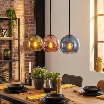 Koyoto Hanglamp, Kogellampje, Hanglamp Blauw, Goud, Koperkleurig, 3-lichts