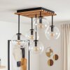 Boho-plafondlamp Koyoto met 5 heldere glazen bollen op een houten lamellenplaat