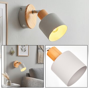 Olaris Scandinavische houten wandlamp met verstelbare wandspot, grijze metalen kap