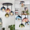 Retro cluster-plafondlamp Gastor met 4 glazen bollen in blauw, groen, helder en koper