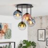 Retro cluster-plafondlamp Gastor met 4 glazen bollen in blauw, groen, helder en koper