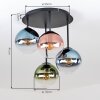 Retro cluster-plafondlamp Gastor met 4 glazen bollen in blauw, groen, helder en koper
