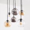Hanglamp Koyoto, in hoogte verstelbaar bij montage, 6 glazen schermen in amber en chroom