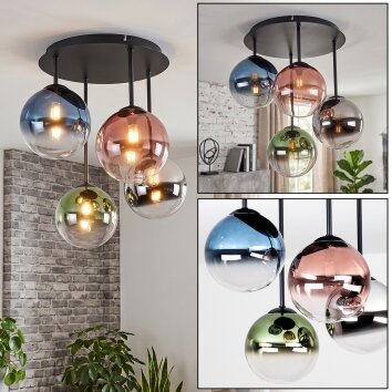 Cluster-plafondlamp Chehalis, 4 glazen bollen in blauw, chroom en groen