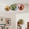 Cluster-plafondlamp Koyoto met 4 glazen kappen in blauw, goud, groen en koper