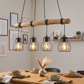 Gondo houten staaflamp, 4-lichts balk hanglamp met kooikappen E27, lengte 80 cm