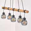 Houten-balk-hanglamp Oravi met vijf kooikappen voor de eettafel, lengte 100 cm, E27
