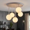 Moderne Kogellamp Chehalis met vijf witte glazen bollen, zandkleurig metaal, Ø 43 cm